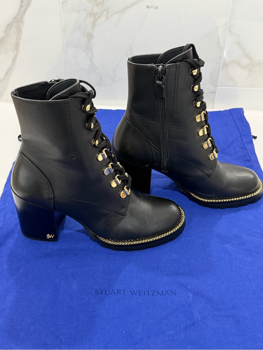Stuart Weitzman Black Leather Lace-Up Boots with Gold Accents